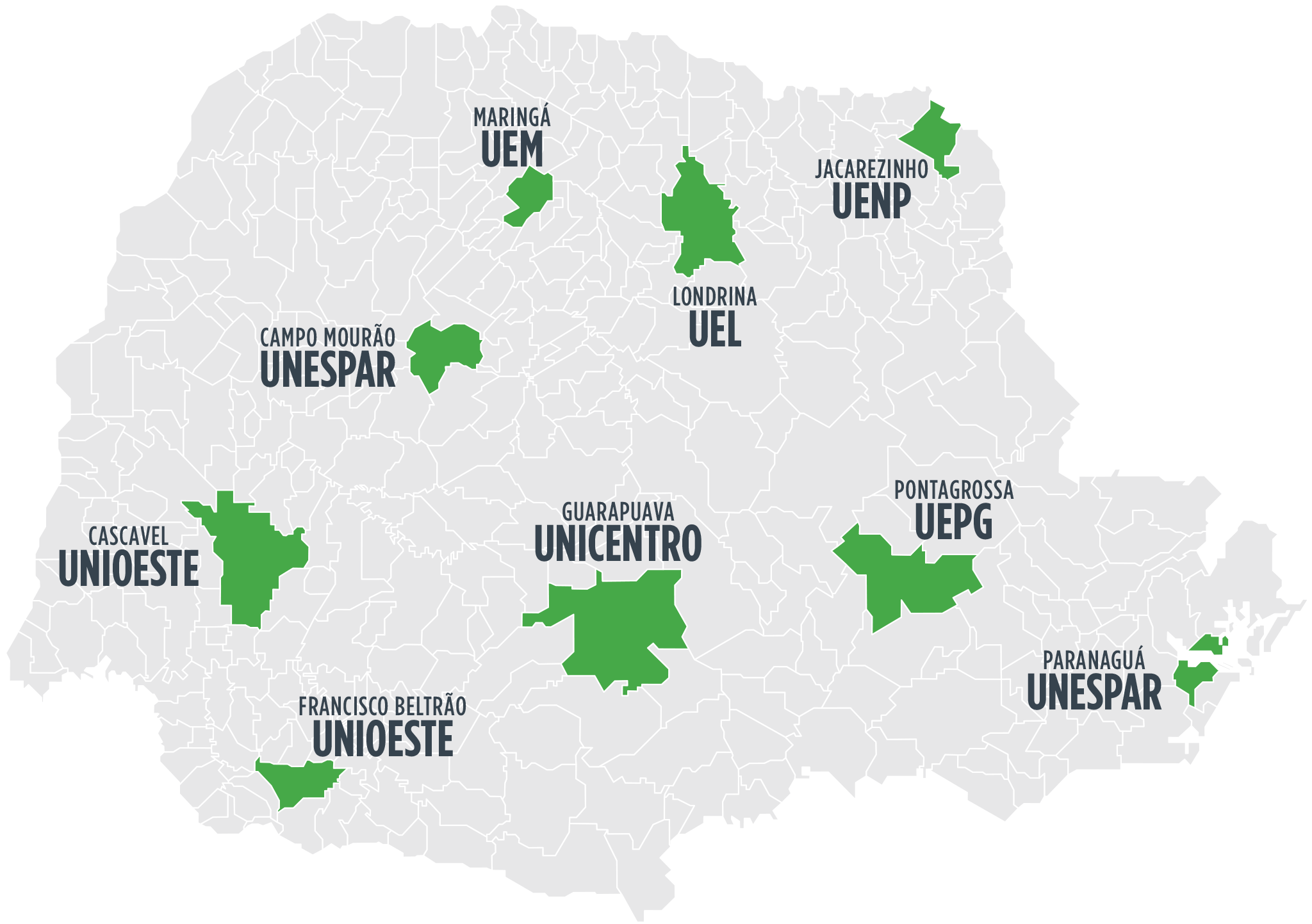 Mapa do Estado do Paraná demonstrando a localização geográfica das nove governanças regionais da Ageuni.