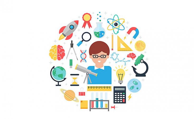 elementos da ciência e um menino no meio
