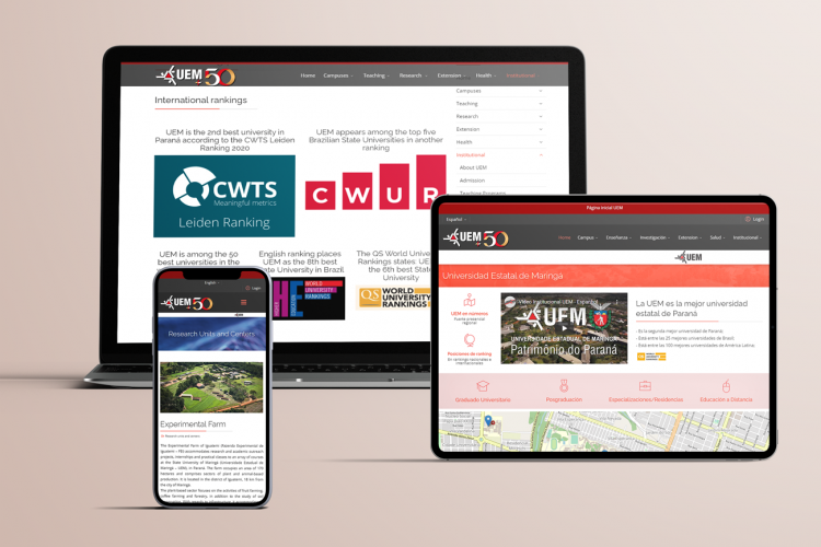 Tela de celular, tablet e computador com a imagem do site da UEM