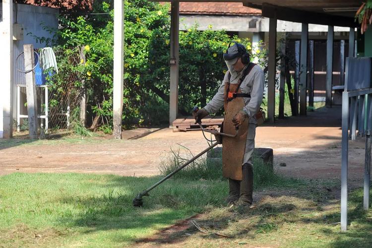 trabalhador roçando a grama