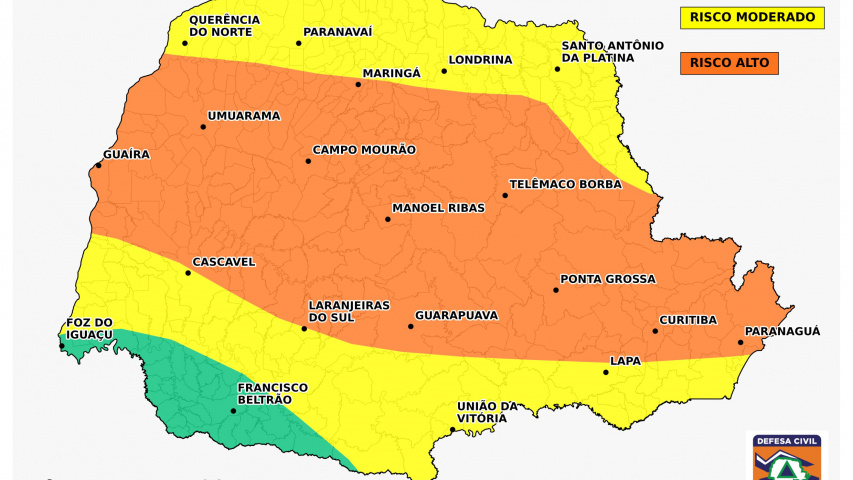 Defesa Civil alerta para risco de tempestades e granizo nesta quarta-feira no Paraná